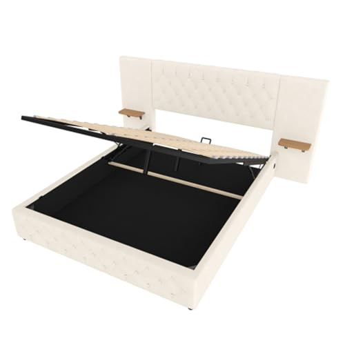Matomn Modernes Bett 140x200 cm - Mit LED-Kopfteil, USB & Hydraulik-Stauraum - Beige von Matomn