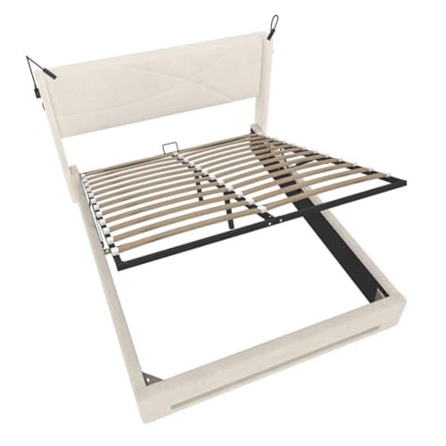 Matomn Modernes Bett 140x200cm - Mit LED-Leselichtern & Hydraulik-Stauraum - Beige von Matomn