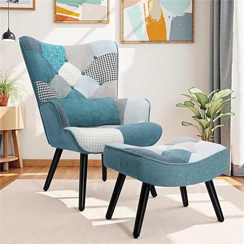 Matomn Relaxsessel mit Hocker Patchwork Sessel Holz Sessel Wohnzimmer moderner Ohrensessel mit Massivholzfüße Fernsehsessel Leinen Loungesessel Stuhl (Blau) von Matomn