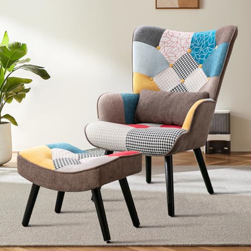 Matomn Relaxsessel mit Hocker Patchwork Sessel Holz Sessel Wohnzimmer moderner Ohrensessel mit Massivholzfüße Fernsehsessel Leinen Loungesessel Stuhl Braun von Matomn