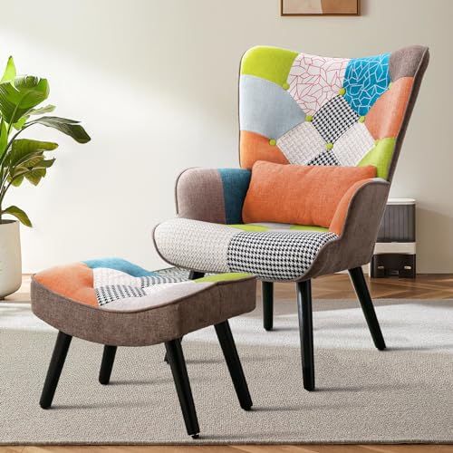 Matomn Relaxsessel mit Hocker Patchwork Sessel Holz Sessel Wohnzimmer moderner Ohrensessel mit Massivholzfüße Fernsehsessel Leinen Loungesessel Stuhl Orange von Matomn