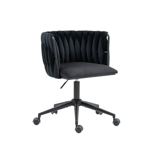 Matomn Samtweicher Bürostuhl, 360° drehbar, One-Touch-Höhenverstellung, Hohlkreuz-Design, handgeflochtene Rückenlehne Schwarz von Matomn