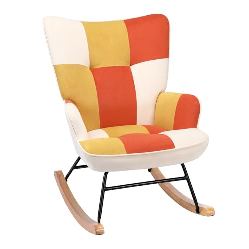 Matomn Schaukelstuhl Sessel Patchwork mit Metallgestell und Holzsockel Skandinavischer Schaukelsessel Retro Sessel Wohnzimmer Relaxstuhl Polstersessel für Schlafzimmer Hotel Orange Matomn Schaukelstuhl Sessel Patchwork mit Metallgestell und Holzsockel Skandinavischer Schaukelsessel Retro Sessel Wohnzimmer Relaxstuhl Polstersessel für Schlafzimmer Hotel Orange von Matomn