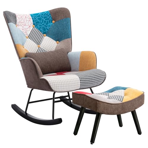 Matomn Schaukelstuhl mit Hocker Patchwork mit Metallgestell und Holzsockel Skandinavischer Schaukelsessel Retro Sessel Wohnzimmer Relaxstuhl Polstersessel für Schlafzimmer Hotel Braun Matomn Schaukelstuhl mit Hocker Patchwork mit Metallgestell und Holzsockel Skandinavischer Schaukelsessel Retro Sessel Wohnzimmer Relaxstuhl Polstersessel für Schlafzimmer Hotel Braun von Matomn