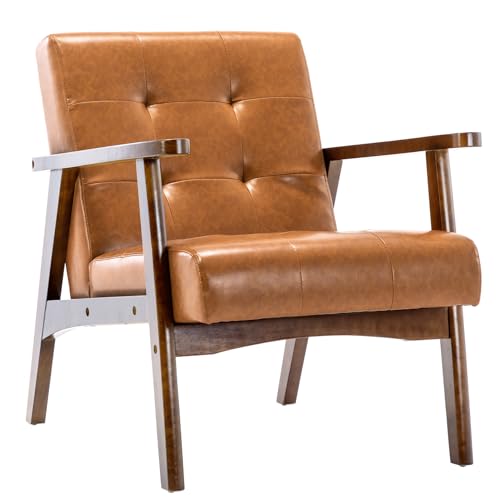 Matomn Sessel Wohnzimmer Retro Sessel Polsterstuhl Loungesessel mit Armlehnen Retro Holzsessel mittelalterlicher Holzrahmen Design Stuhl aus PU Leder für Schlafzimmer Empfangsraum Café Karamell von Matomn