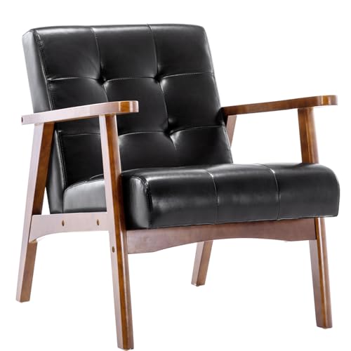 Matomn Sessel Wohnzimmer Retro Sessel Polsterstuhl Loungesessel mit Armlehnen Retro Holzsessel mittelalterlicher Holzrahmen Design Stuhl aus PU Leder für Schlafzimmer Empfangsraum Café Schwarz von Matomn