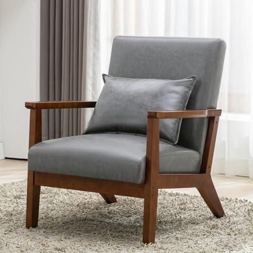 Sessel Retro Sessel Wohnzimmer Massivholz mit Lendenkissen Lesestuhl PU Leder gepolsterter Akzentstuhl Holzsessel Eiche Natur für Balkon Hotel Grau von Matomn