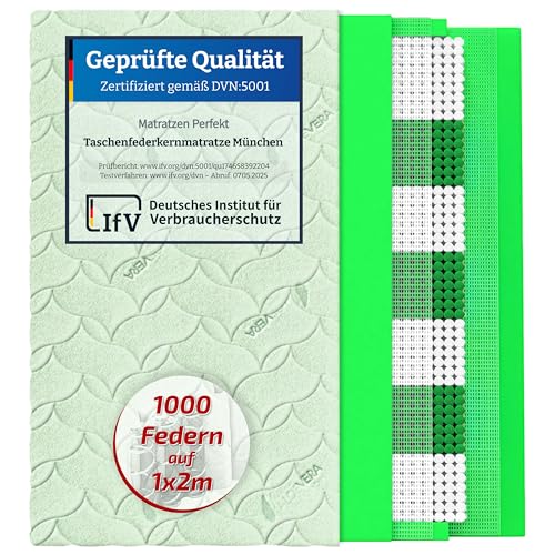 Matratze mit 1000 Federn, Top Anpassung, 23cm hoch, 4 Härtegrade mit 7-Zonen Taschenfederkernmatratze Modell München, 100 x 200 cm – mit Aloe-Vera veredeltem Bezug, Härtegrad H4, Höhe 23 cm von Matratzen Perfekt
