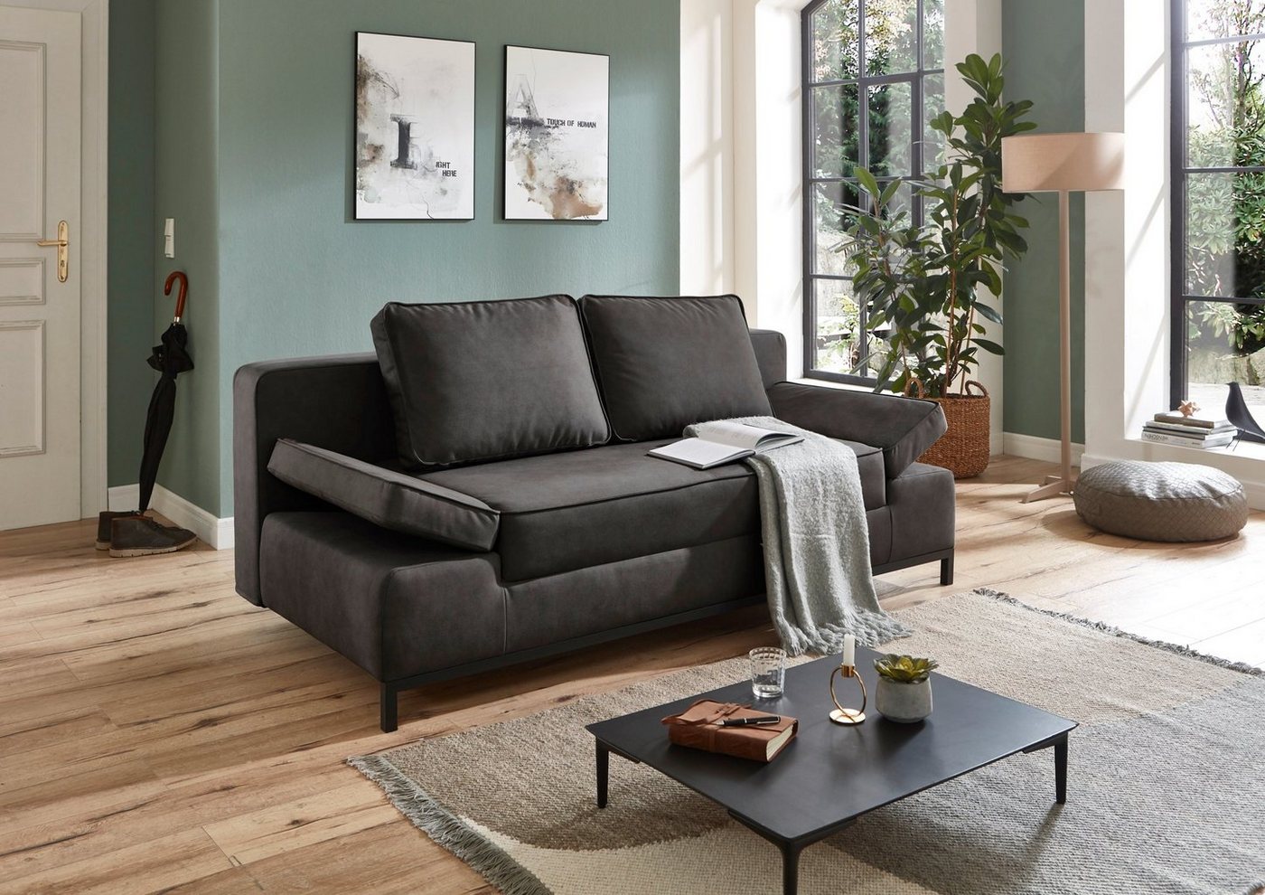 Matratzen Perfekt Schlafsofa Schlafsofa Riga, Schwarz, mit Bettkasten, verstellbar3 fach Armlehnen von Matratzen Perfekt