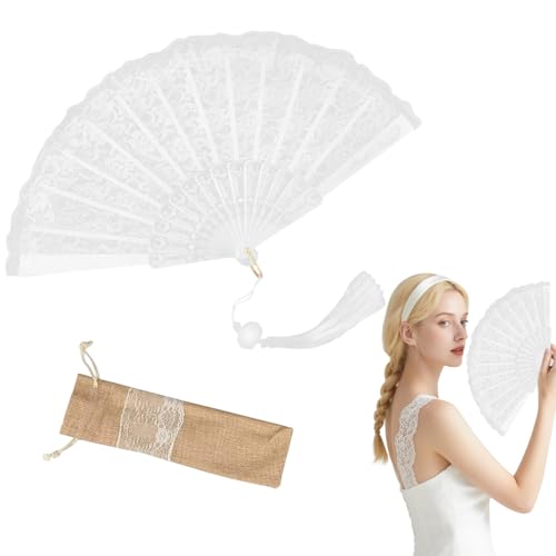 Handfächer Spitze Weiß Fächer Hochzeitsfächer Brautfächer Faltfächer Tanzfächer Für Hochzeit mit Leinen Geschenktüte für Tanzen Hochzeit Party (style1) von Matreeglam