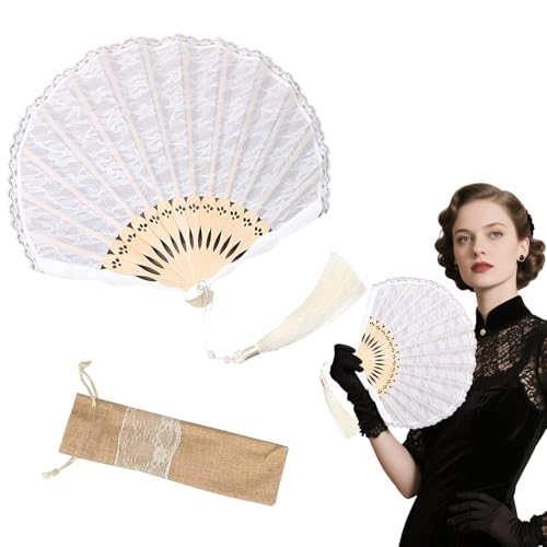 Handfächer Spitze Weiß Fächer Hochzeitsfächer Brautfächer Faltfächer Tanzfächer Für Hochzeit mit Leinen Geschenktüte für Tanzen Hochzeit Party (style2) von Matreeglam