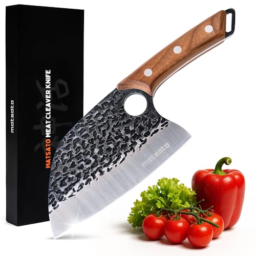 Matsato Hackmesser, Profi Küchenbeil aus Edelstahl mit ergonomischem Beechwood-Griff, Hammeroptik, Scharf für Fleisch, Knochen & Gemüse – Vollständig Ausbalanciert von Matsato