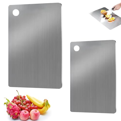 2Pcs Schneidebrett Titan Schneidebrett Edelstahl Titanium Cutting Board Stainless Steel Cutting Board Titanium Doppelseitigem für Küche Freien Camping (30×20cm+24×15cm） von Matsizen