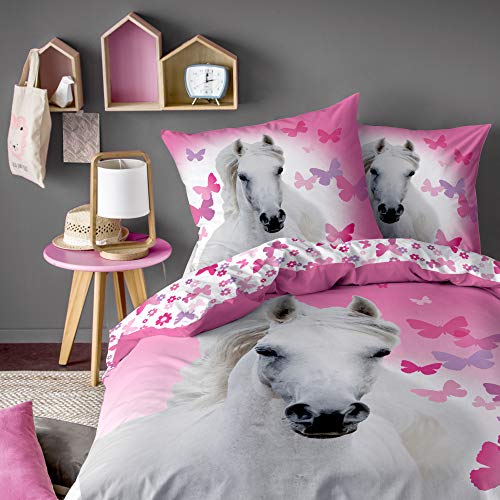 MTOnlinehandel Mädchenbettwäsche 135x200, Bettwäsche mit Pferd für Kinder Teenager, Schmetterling, 100% Baumwolle 135 x 200 cm 80 x 80 cm von MTOnlinehandel