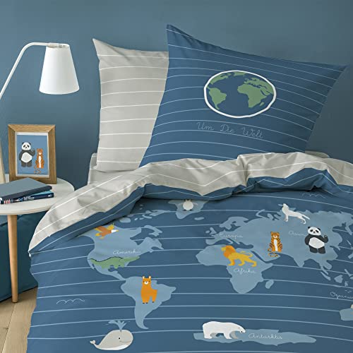 MATT & ROSE MAP Bettwäsche für Kinder 2 teilig | 100% Baumwolle | Oeko-TEX | Bettbezug 135x200 cm + 1 Kopfkissenbezug 80x80 cm | Blau von Matt&Rose