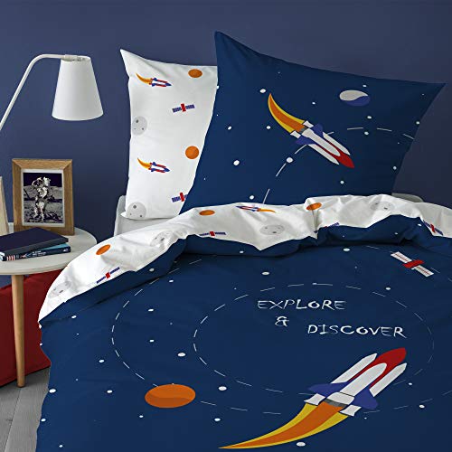 MATT & ROSE Explore Space Bettwäsche für Kinder 2 teilig | 100% Baumwolle | Oeko-TEX | Bettbezug 135x200 cm + 1 Kopfkissenbezug 80x80 cm | Blau, Weiß von Matt&Rose