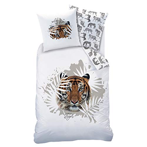 Matt&Rose Tiger Bettwäsche Set 135x200 · Kinderbettwäsche · Teenager-Bettwäsche · wild & Free, Safari & Blätter - Kissenbezug 80x80 + Bettbezug 135x200 cm - 100% Baumwolle von MTOnlinehandel