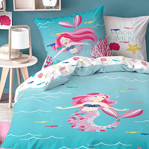 MTOnlinehandel Meerjungfrau Mädchen Biber Bettwäsche · Kinderbettwäsche · MERMAID MAGIC MOMENTS · kuschelige Winterbettwäsche mit Wende Motiv - Kissenbezug 80x80 Bettbezug 135x200 cm - 100 Ba von MTOnlinehandel