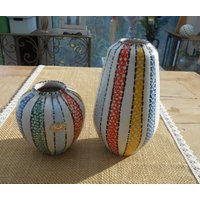 Vintage Keramik Vasen Duo Set Ü-Keramik "Tosca" 60Er Jahre Buntes Streifendekor Design Steiger Mid-Century Vase von MattieStone