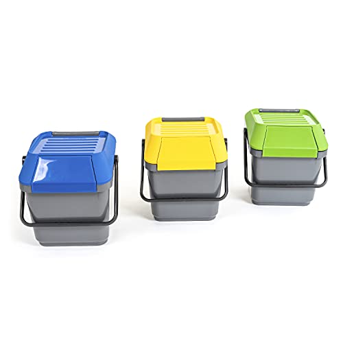 Mattiussi Ecologia EASYMAX: Platzsparende stapelbare Abfalleimer Mülleimer für Mülltrennung, je 35 Liter, 3 Stücke (grau mit gelben blauen und grünen Deckeln) von Mattiussi Ecologia
