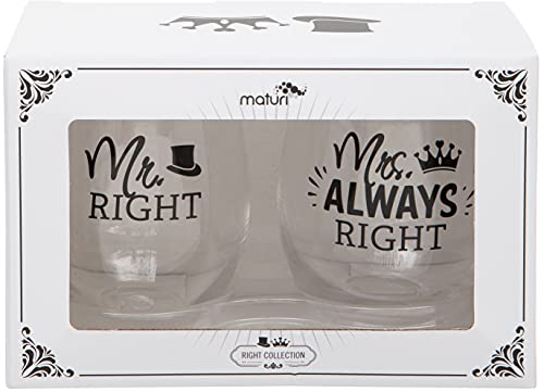 Maturi Set aus zwei „Mr Right Mrs Always Right“ Weingläsern ohne Stiel, 530 ml von Maturi