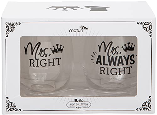 Maturi Set aus zwei „Mrs Right Mrs Always Right“ Weingläsern ohne Stiel, 530 ml von Maturi