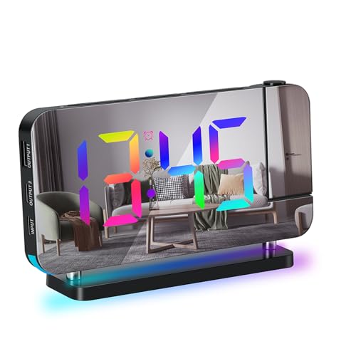 Matybobe Projektionswecker für Schlafzimmer, 7-Zoll-RGB-Bunte LED-Digitaluhr mit Spiegeloberfläche, 6-stufiger Helligkeitsdimmer, USB-Ladegerät, Schlummerfunktion, 12/24 Stunden, 11 Farben von Matybobe
