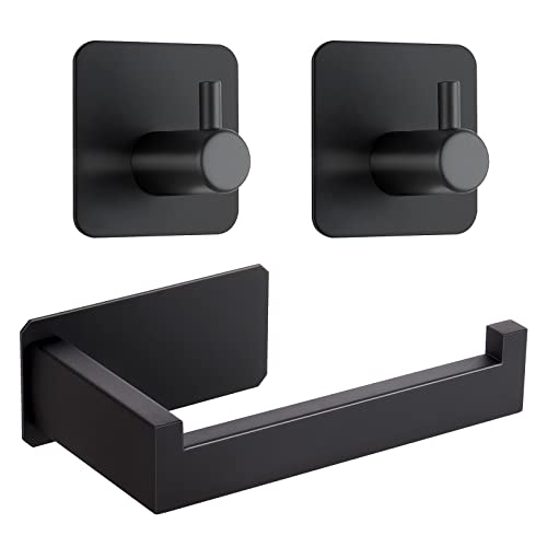 Toilet Paper Holder No Drilling Required,Selbstklebend Klopapierhalter WC Papierhalter Edelstahl Toilettenpapierrollenhalter mit 2 Stück Handtuchhaken für Küche und Badzimmer (Schwarz) von Maudzlan