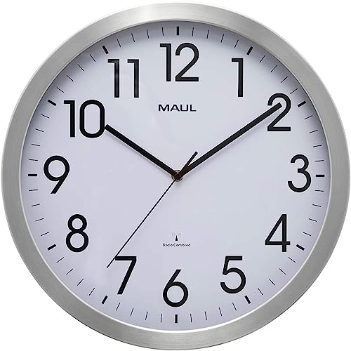 Maul Funkwanduhr MAULmove Ø 40cm | Elegante Wanduhr aus Mineralglas | automatische Zeiteinstellung | stabile Verarbeitung aus Aluminium in modernem Design | für Büro und Innenräume | Silber von Maul