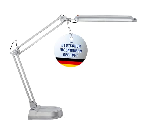 Maul LED Tischleuchte MAULatlantic, LED Lampe mit Standfuß, 6500 K, Arm Metall, Tischlampe für Schreibtisch, Büro, Werkstatt, Homeoffice, GS-Zeichen, flexibel dreh- und neigbar, 860 Lumen, Silber von Maul