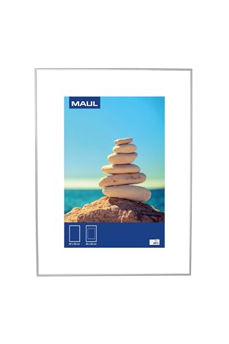 Maul Bilderrahmen MAULdesign 60x80 cm aus Aluminium | zum Hängen in Quer- und Hochformat | edler, schmaler Wechselrahmen mit Passepartouteinleger | ideal für Fotos, Collage und Bilder | Silber von Maul