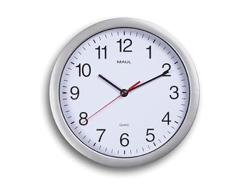 Maul Wanduhr MAULrun Ø 25 cm | stilvolle Quarzuhr mit automatischer Zeiteinstellung | ideal für Wohnzimmer, Schlafzimmer, Küche, Arbeitszimmer und Büro | gut lesbar mit großen Ziffern | Silber von Maul