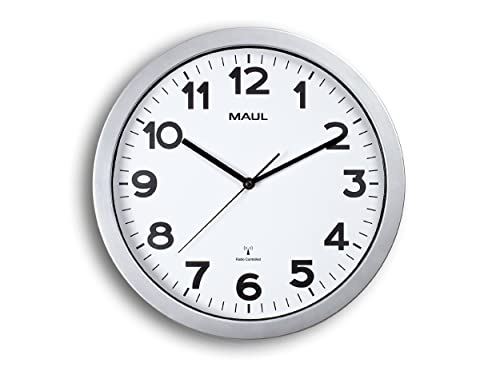 Maul Wanduhr MAULstep Ø 35 cm | Funkuhr mit automatischer Zeiteinstellung | ideal für Wohnzimmer, Schlafzimmer, Küche, Arbeitszimmer und Büro | Gute Lesbarkeit für große Räume | Silber von Maul