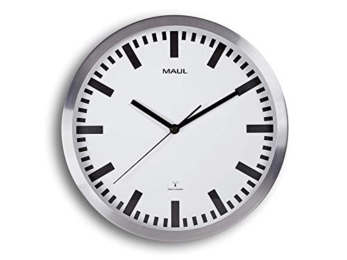 MAUL Wanduhr MAULpilot Ø 30cm | stilvolle Uhr mit weißem Ziffernblatt | gute Lesbarkeit | automatische Zeiteinstellung | ideal für Büro, Zuhause und Besprechungsraum | Silber von Maul