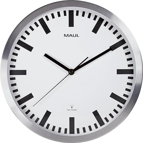 MAUL Wanduhr MAULpilot Ø 30cm | stilvolle Uhr mit weißem Ziffernblatt | gute Lesbarkeit | automatische Zeiteinstellung | ideal für Büro, Zuhause und Besprechungsraum | Silber von Maul