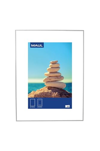 Maul Bilderrahmen MAULdesign 60x80 cm aus Aluminium | zum Hängen in Quer- und Hochformat | edler, schmaler Wechselrahmen mit Passepartouteinleger | ideal für Fotos, Collage und Bilder | Silber von MAUL