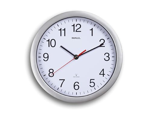 Maul Wanduhr MAULrun Ø 25 cm | stilvolle Funkuhr mit automatischer Zeiteinstellung | ideal für Wohnzimmer, Schlafzimmer, Küche, Arbeitszimmer und Büro | gut lesbar mit großen Ziffern | Silber von Maul