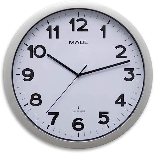 Maul Wanduhr MAULstep Ø 40 cm | Funkuhr mit automatischer Zeiteinstellung | ideal für Wohnzimmer, Schlafzimmer, Küche, Arbeitszimmer und Büro | Gute Lesbarkeit für große Räume | Silber von Maul