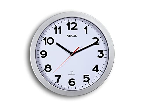 Maul Wanduhr MAULstep Ø 30 cm | Funkuhr mit automatischer Zeiteinstellung | ideal für Wohnzimmer, Schlafzimmer, Küche, Arbeitszimmer und Büro | Gute Lesbarkeit für große Räume | Silber von Maul