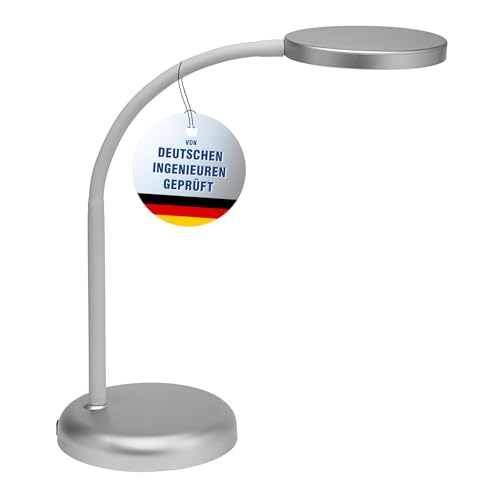 MAUL Schreibtischlampe LED MAULjoy | Kleine Schreibtischlampe mit Standfuß | Moderne Tischlampe für Schreibtisch, Büro | Flexible LED Lampe mit 3000K warmweißem LED Licht | Silber von Maul