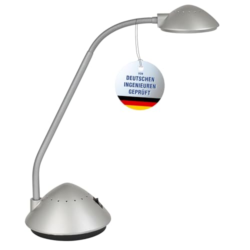 MAUL Schreibtischlampe LED MAULarc | Kleine Schreibtischlampe mit Standfuß | Klassische Tischlampe für Schreibtisch, Büro | Flexible LED Lampe mit 3000K warmweißem LED Licht | Silber von Maul