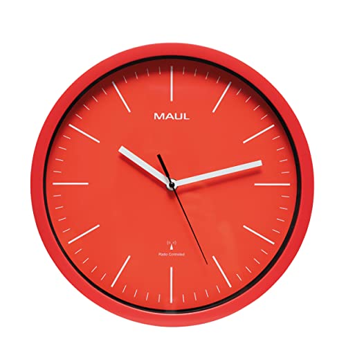 Maul Wanduhr MAULjump Ø 30,5 cm | stilvolle Funkuhr mit Mineralglas | automatische Zeiteinstellung | ideal geeignet im Büro, Homeoffice und am Arbeitsplatz | inklusive Batterie | Rot von Maul
