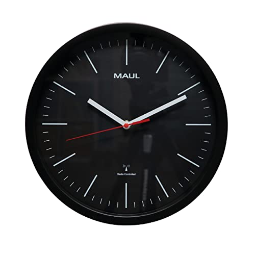 Maul Wanduhr MAULjump Ø 30,5 cm | stilvolle Funkuhr mit Mineralglas | automatische Zeiteinstellung | ideal geeignet im Büro, Homeoffice und am Arbeitsplatz | inklusive Batterie | Schwarz von Maul