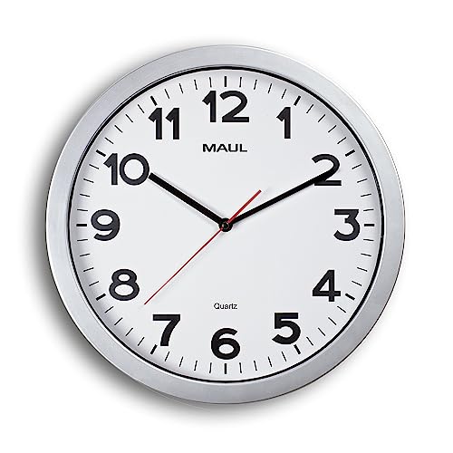 Maul Wanduhr MAULstep Ø 35 cm | Quarzuhr mit automatischer Zeiteinstellung | ideal für Wohnzimmer, Schlafzimmer, Küche, Arbeitszimmer und Büro | Gute Lesbarkeit für große Räume | Silber von Maul