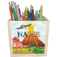 Dino Holz Stiftebox Personalisiert Z. B. Mit Name Und Schriftartwahl | 10x10x10cm Stiftehalter Schreibtischorganizer von MausDesign