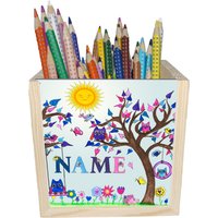 Eule Holz Stiftebox Personalisiert Z. B. Mit Name Und Schriftartwahl | 10x10x10cm Stiftehalter Schreibtischorganizer von MausDesign