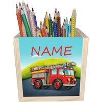 Feuerwehr Holz Stiftebox Personalisiert Z. B. Mit Name Und Schriftartwahl | 10x10x10cm Stiftehalter Schreibtischorganizer von MausDesign