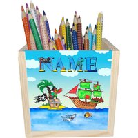 Pirat Holz Stiftebox Personalisiert Z. B. Mit Name Und Schriftartwahl | 10x10x10cm Stiftehalter Schreibtischorganizer von MausDesign