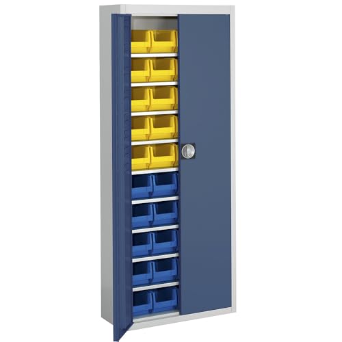 Mauser | Magazinschrank mit Sichtlagerkästen | HxBxT 1740 x 680 x 280 mm | zweifarbig | Korpus grau | Türen blau | 40 Kästen von Mauser