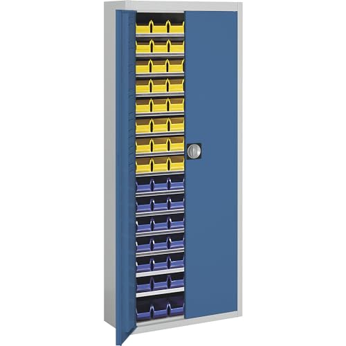 Mauser | Magazinschrank mit Sichtlagerkästen | HxBxT 1740 x 680 x 280 mm | zweifarbig | Korpus grau | Türen blau | 90 Kästen von Mauser